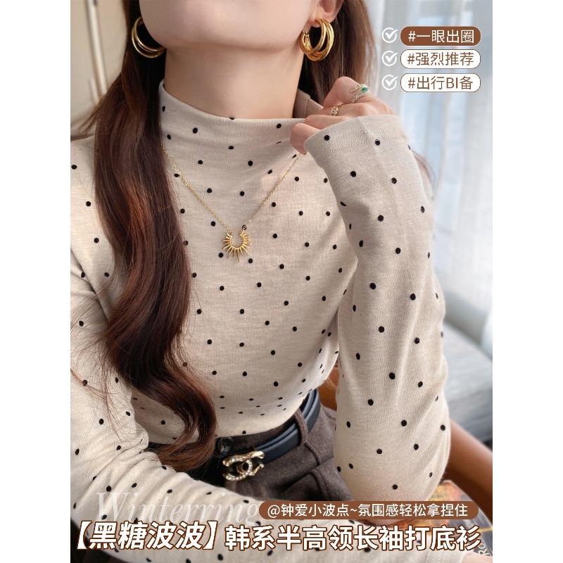 Semi-turtleneck Velvet Thickened Good-looking Korean Bottoming Shirt Women's Inner Winter New Long-sleeved Shirt Premium Polka Dot Top