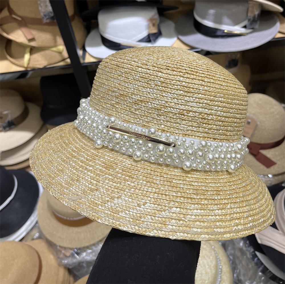 Vintage Straw Pearl Straw Hat Bell-shaped Big Brim Sunshade Straw Top Hat Women's Xia Hepburn Hat Elegant Beach Hat