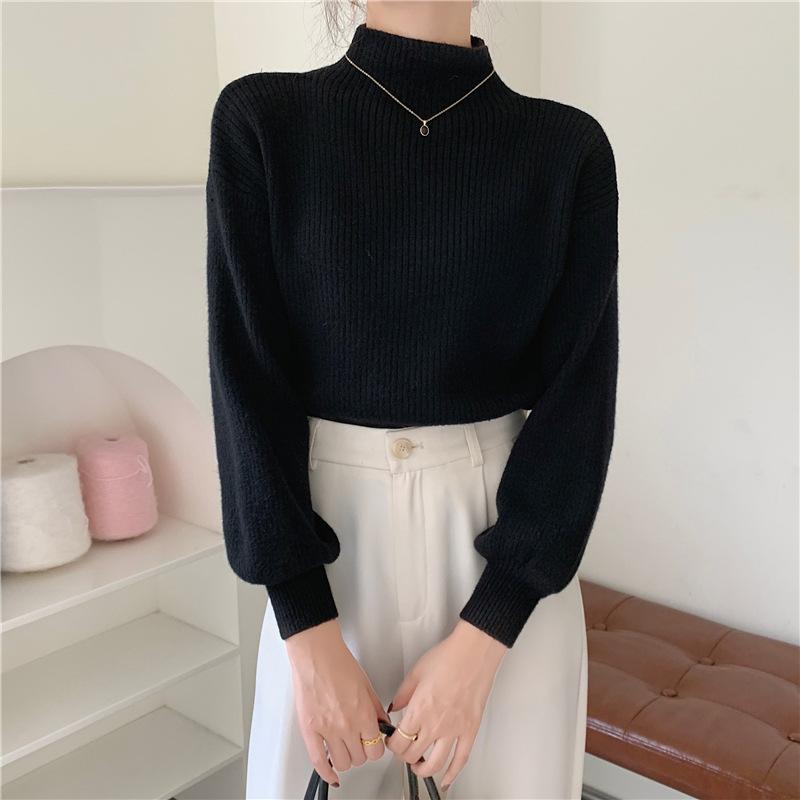 Half Turtleneck Sweater for Women Loose Solid-color Knitted Sweater for Autumn and Winter Casual Long-sleeved Pullover
