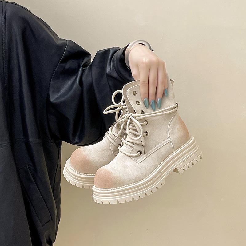 

Ретро ботинки Мартин на толстой подошве, полированные, простые, женские, осенне-зимняя мода, универсальные короткие ботинки из замши 40 бежевый