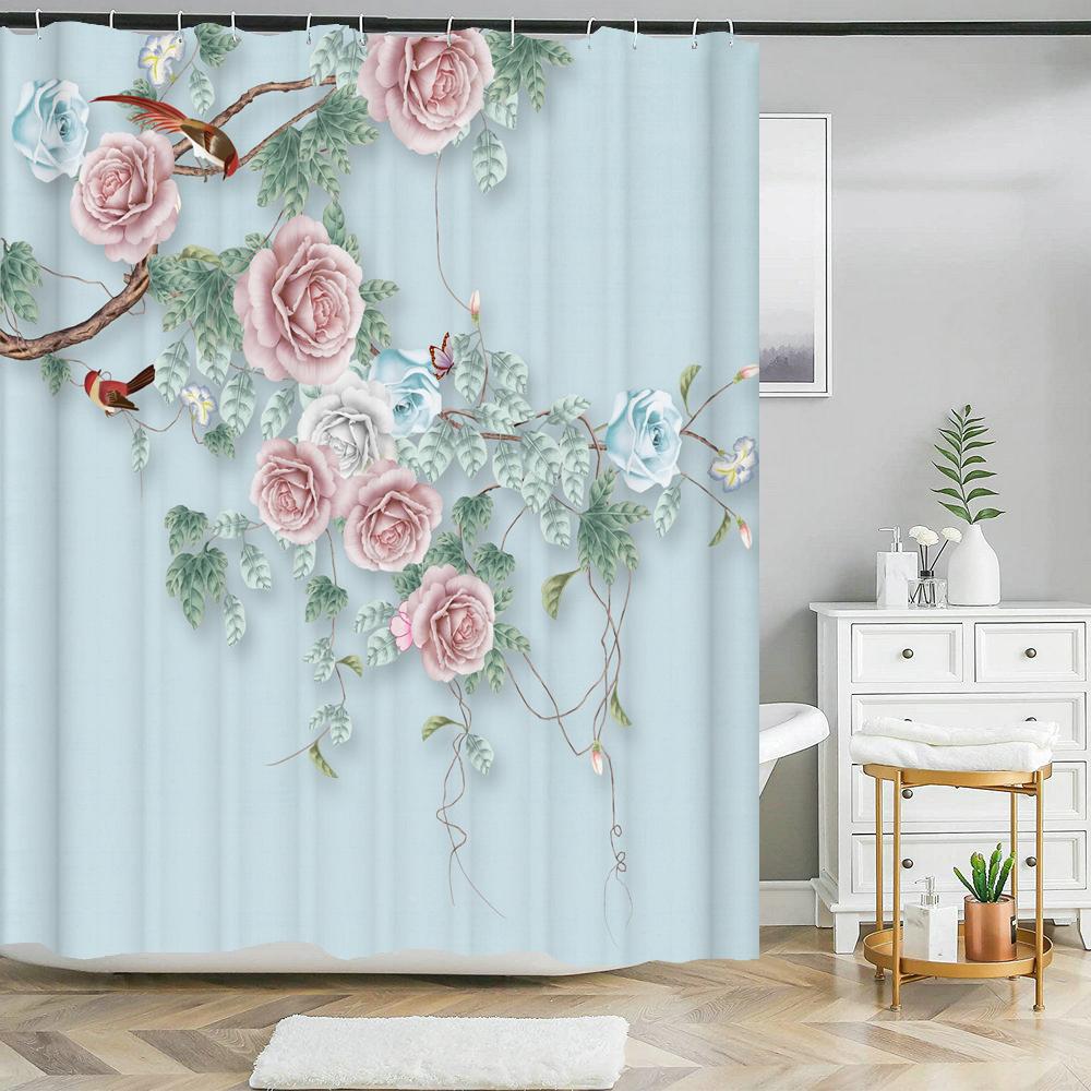 Beautiful Flowers Shower Curtains Floral Printed 3D Curtain For Bathroom Polyester Fabric Waterproof Bathroom Curtain with Hooks