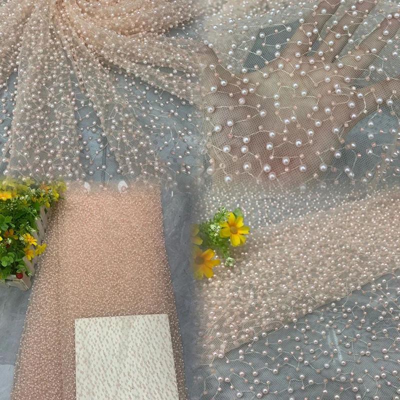 90x125cm Luxury Embroidery Pearl Sequin Loose Bead Fabric DIY Handmade Dress Material High Quality Handmade Pearl Beads Mesh