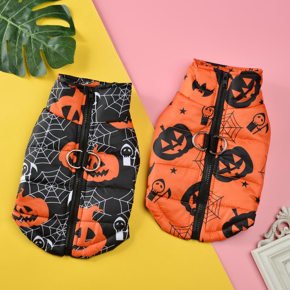 Halloween Pumpkin Print Dog Jacket For Small Medium Dogs Cats With D-ring Windproof Warm Puppy Clothes French Bulldog Pet Coat