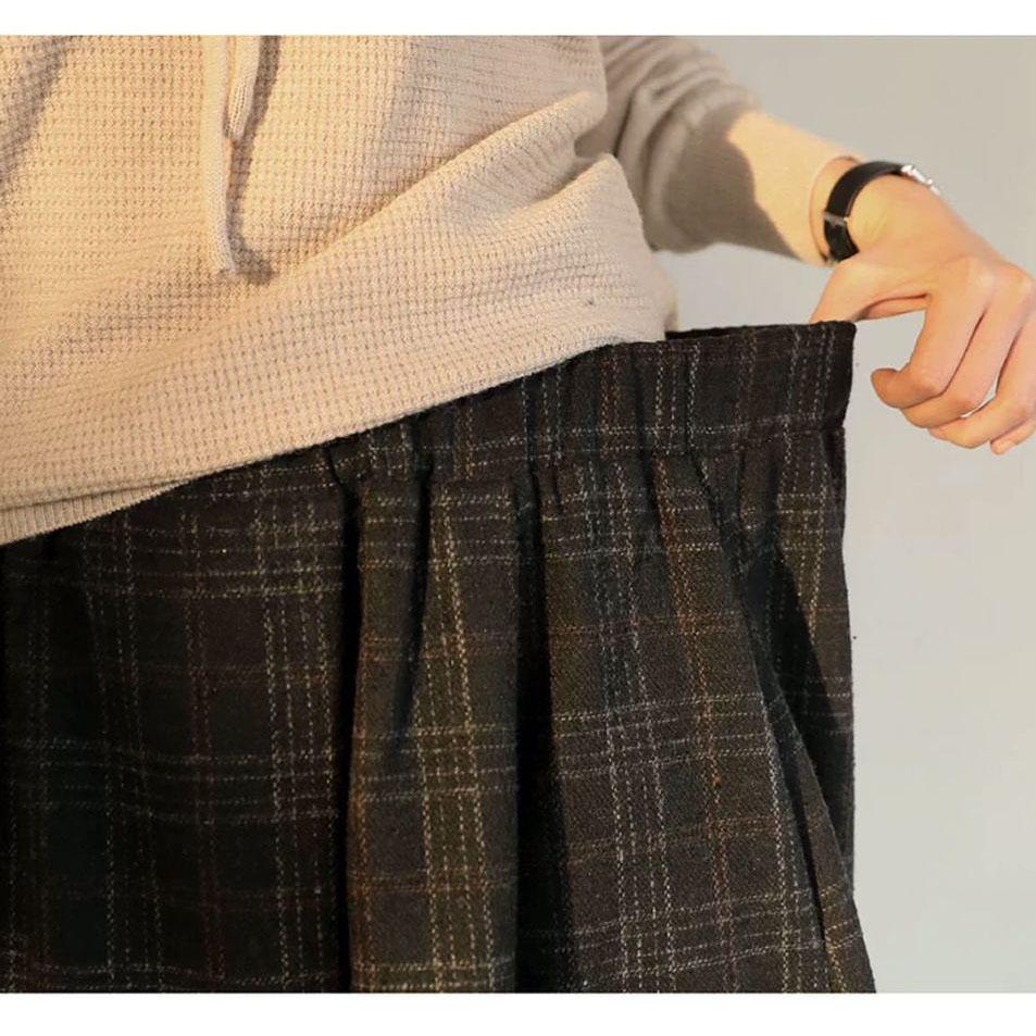 Pantalones de Lana Elásticos de Cintura Alta para Mujer Otoño Invierno Cuadros Lana Pierna Ancha Pantalones Femeninos Casuales Sueltos Longitud Tobillo Pantalones Falda