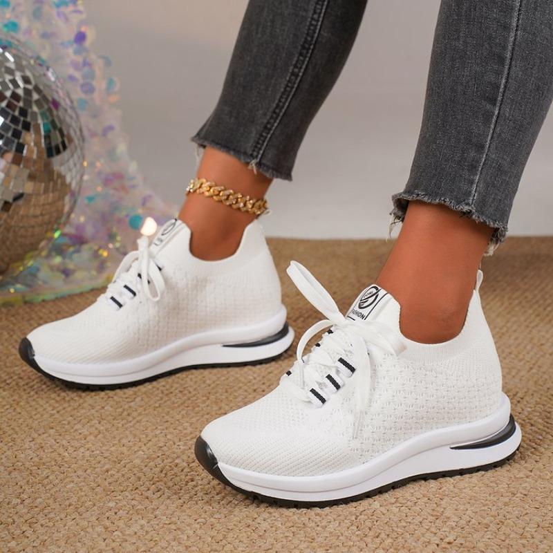 Women's Summer Lace-Up Thick-Soled Wedge Breathable Knit Mesh Casual Shoes, Height-Increasing Footwear, Available In Large Sizes.