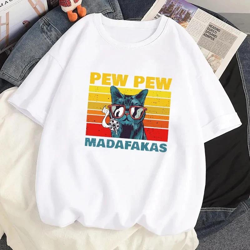 Fun Retro Pew Madafakas Cat Printed Cotton T-shirt for Women's Casual O-neck T-shirt for Summer Street Wear Harajuku T-shirt Top
