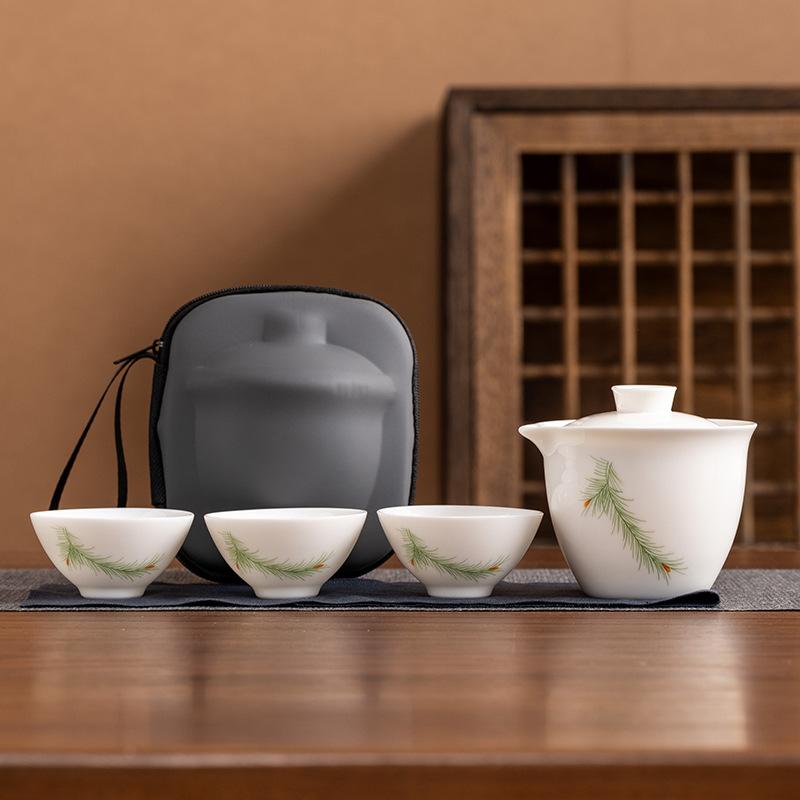 Suet jade porcelain high-end travel tea set, a pot of three cups, portable set, light luxury business commemorative holiday gifts