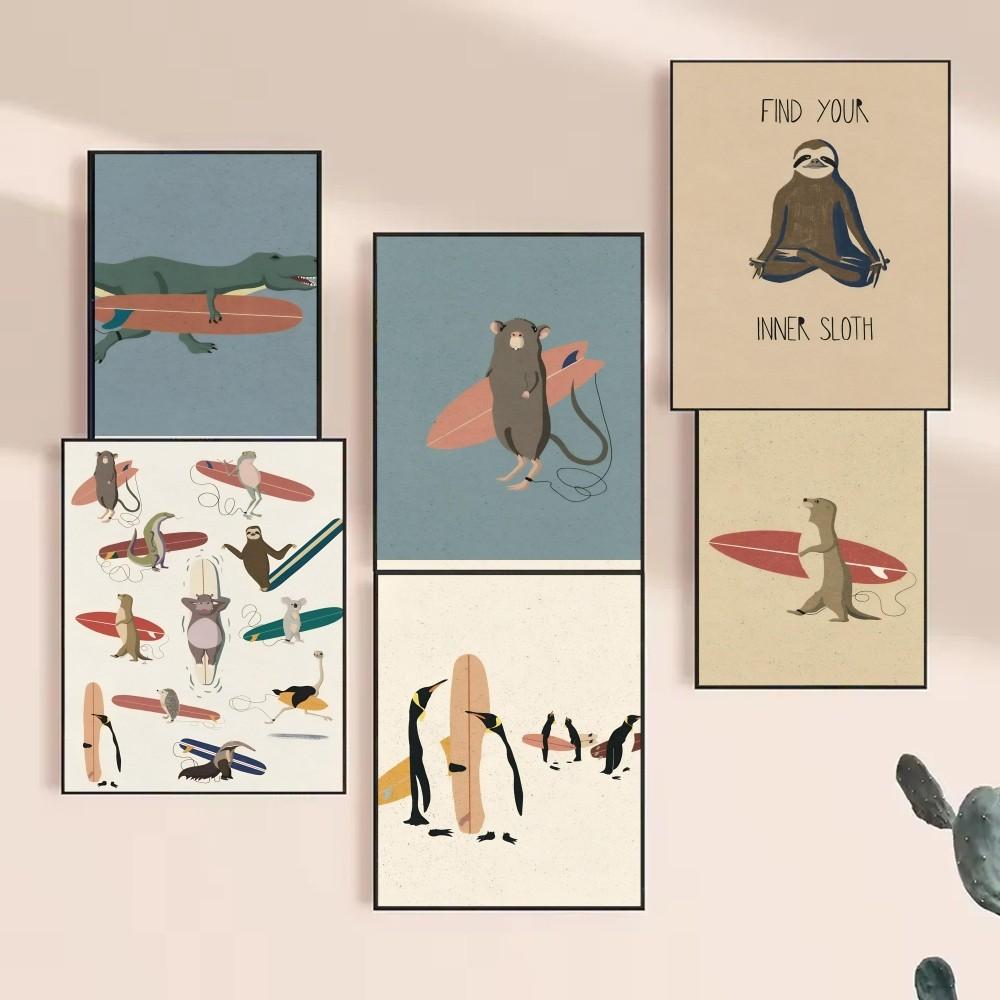 1pc Surfing Animals Vintage Cartoon Sloth Frog Racoon Zebra Poster HD Posters Home Room Bar Cafe Decor Art Wall Painting Picture