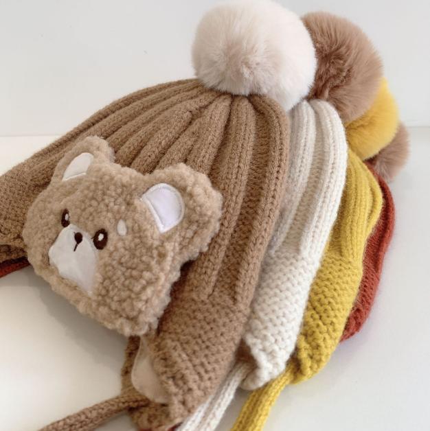 Autumn Winter Baby Hats Cute Big Wool Ball Knitted Children's Ear Protection Hat Super Cute Little Bear Double-layer Warm Woolen Hat