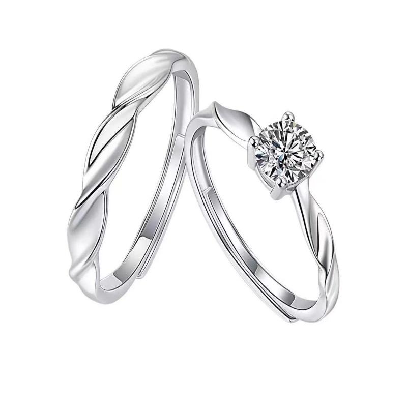 Adjustable Classic Couple Rings Set Rhodium/Gold Plated Brass Open Rings with Zircon Flower Design for Lovers