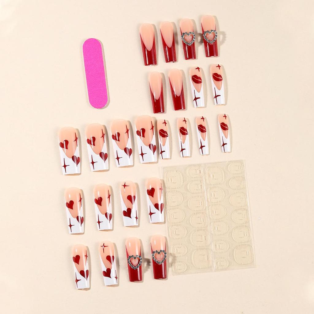 European & American Long Coffin Red White French Heart & Starburst Print Removable False Nails