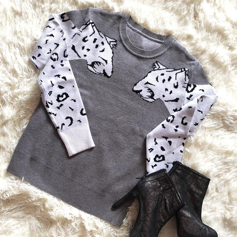 Podzimní a zimní dámský leopardí vzor pletený svetr s dlouhým rukávem vlněný svetr