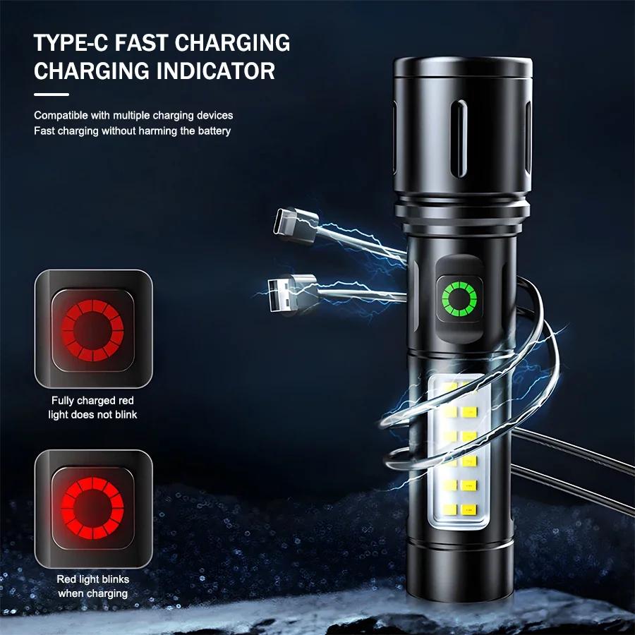 High Power LED Flashlight with Side Light Built-in 18650 Battery Telescopic Zoom Portable Torch Outdoor Riding Camping Lantern