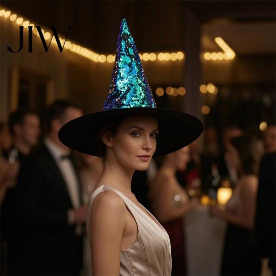 Festival Decorative Headpiece Reversible Sequin Witch Hat, Sparkly Glitter Large Wizard Halloween Dress Up Supplies Costume Party Hat for Cosplay,