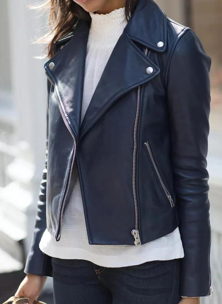 Navy Blue Women Jacket Handmade Leather Stylish Casual Biker Motorcycle Genuine Lambskin