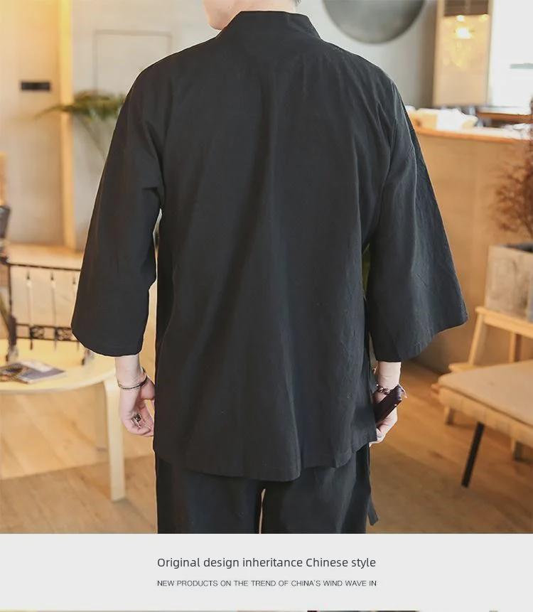 Rochie Hanfu Zen Budistă de Vară pentru Bărbați - Guler Obligatoriu, Mâneci Treisferturi, Bumbac și In, Jachetă Taoistă Tradițională Chineză