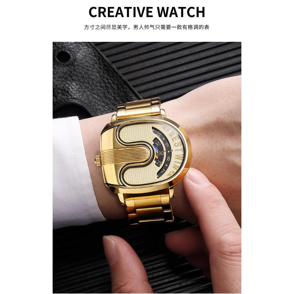 Fashion Men Irregular Tonneau Shape Quartz Watch Creative Rotating Dial Stainless Steel Bracelet Wristwatch