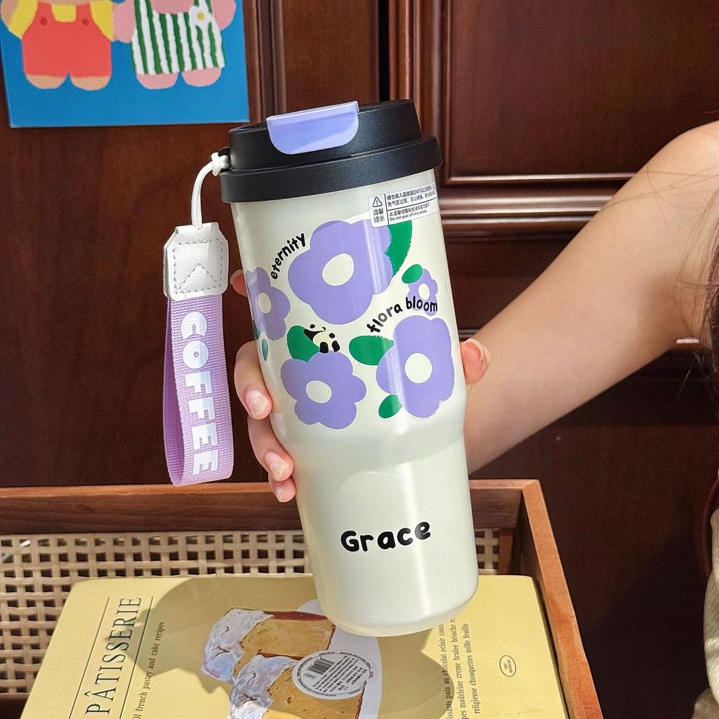 One cover double drink stainless steel thermos cup female high value large capacity portable ice cup cartoon cute water cup