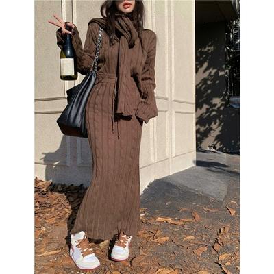 Coreano Retro Gola Redonda Manga Comprida Camisola de Malha para Mulheres Outono Novo Nicho Simples Cintura Elástica Conjunto de Saia Longa