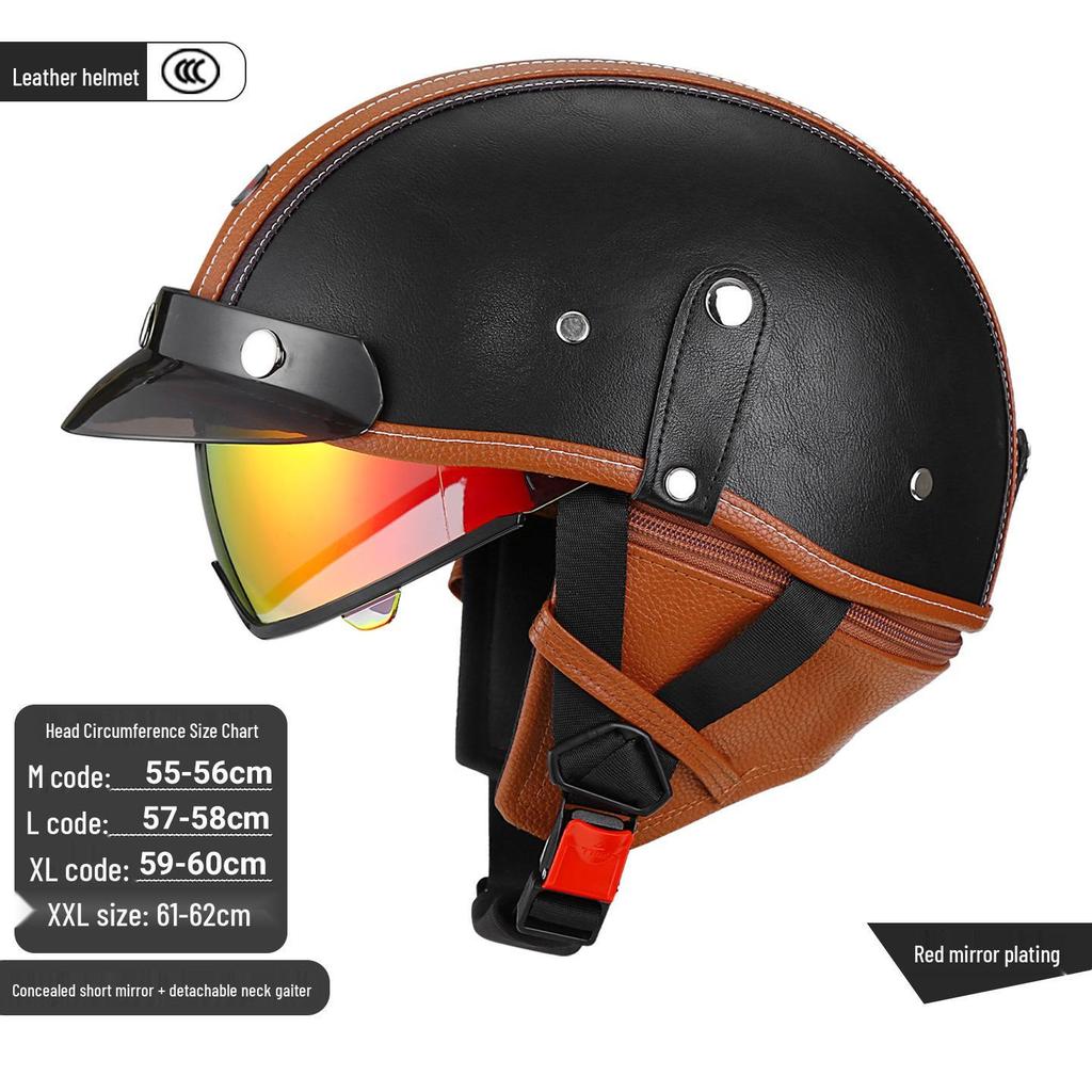 3C Certified Retro Leather Electric Motorcycle Half Helmet with Detachable Neck Guard for Men and Women - Model AF-R09