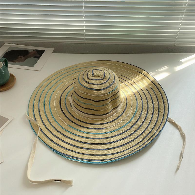 Summer Straw Hat Women's New Color Bar Big Brim Sun Hat Sunscreen Sun Hat Beach Vacation Seaside Travel Foldable