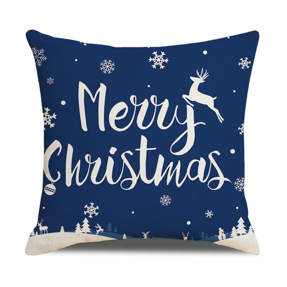 Christmas Pillow Cover Blue Elk Snowflake Linen Print Sofa Cushion Home Cushion Cover