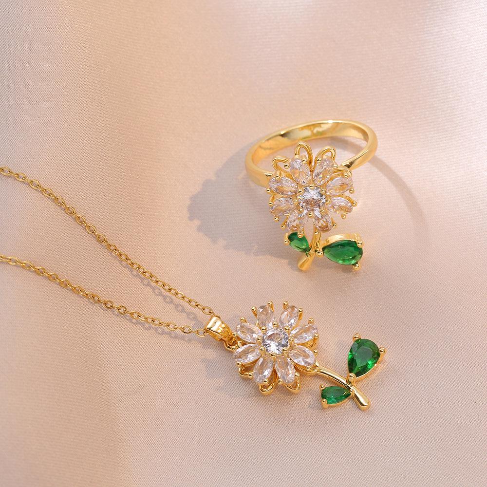 Women's Rotating Sunflower Zircon Necklace & Bracelet Set In Japanese-Korean Style, Fashionable Clavicle Chain
