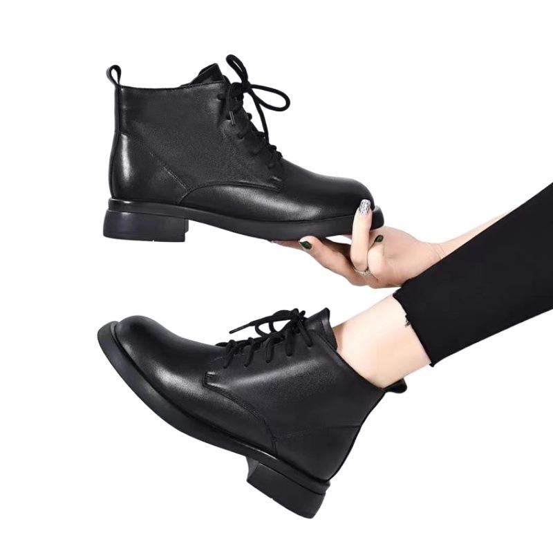 Women's Leather Chelsea Boots,Flat Sole Ankle Martin Boots with Fleece Lining for Winter,British Casual Shoes