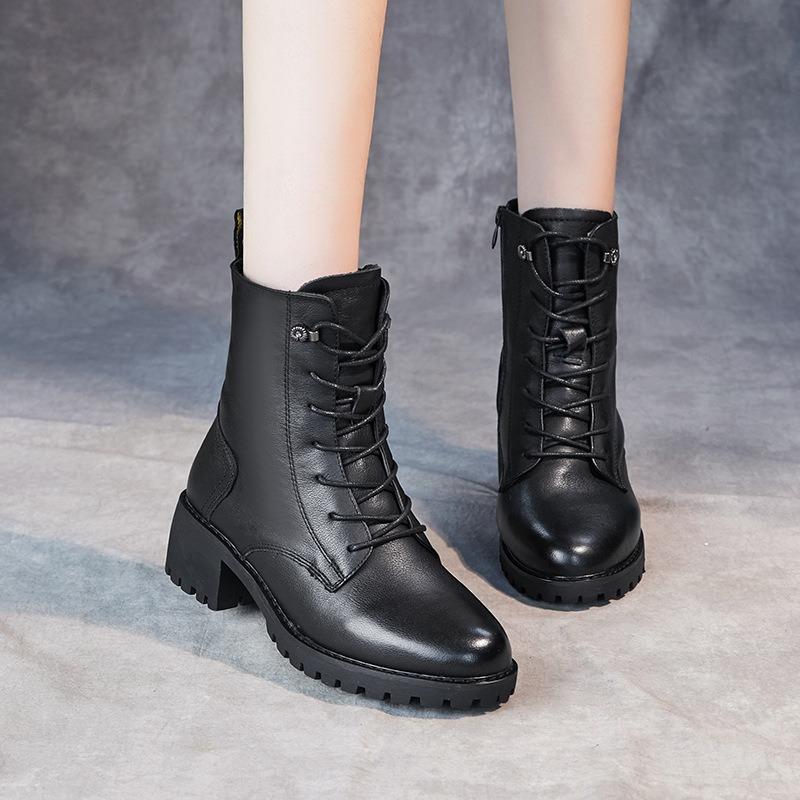 

Женские осенне-зимние ботинки Мартин на высоком каблуке, новые, на толстом каблуке, с высокой голенью, тонкие, на шнуровке, теплые кожаные женские ботинки 36 чёрный