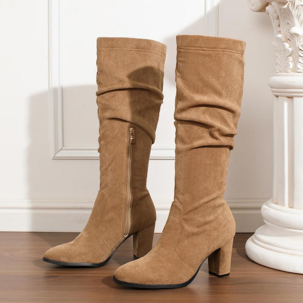 Slimming Women's Plus Size Suede Long Boots with Zipper - Solid Color, Small Square Toe for Autumn & Winter