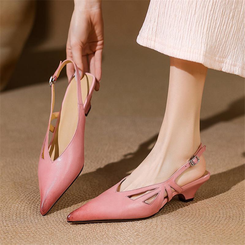 Fashion New Summer Sandals Genuine Leather Pointed Toe Sandals for Women Fashion Hollow Out Cover Toe Sandals Ladies Shoes Women Pink