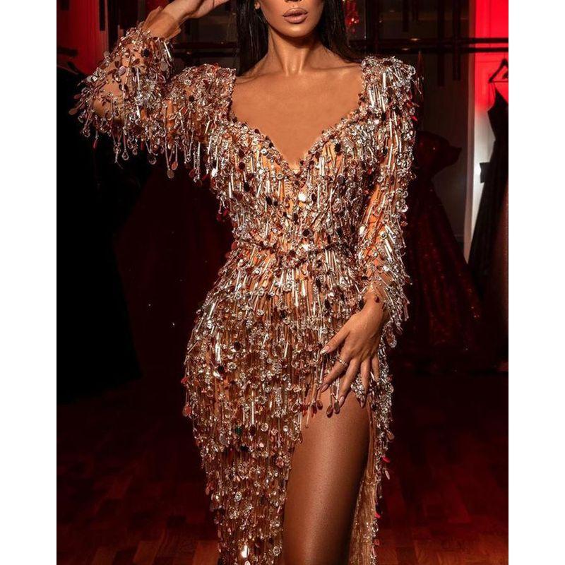 Women Sexy Party Evening Dress Women's Sexy Sequin Long Sleeves Banquet Dress Large Swing Dress