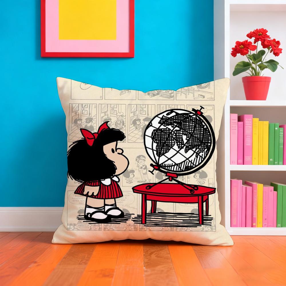 Federa Cuscino Cartone Animato M-Mafalda Tessuto Peluche Morbido Stampa Fronte/Retro Calda per Divano Regalo Invernale per la Casa Copricuscino