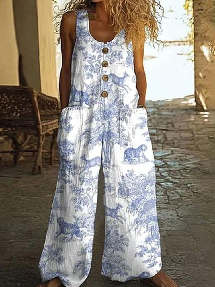 Damen Ärmelloser Jumpsuit mit Blumenmuster, Knopfleiste vorne und Seitentaschen