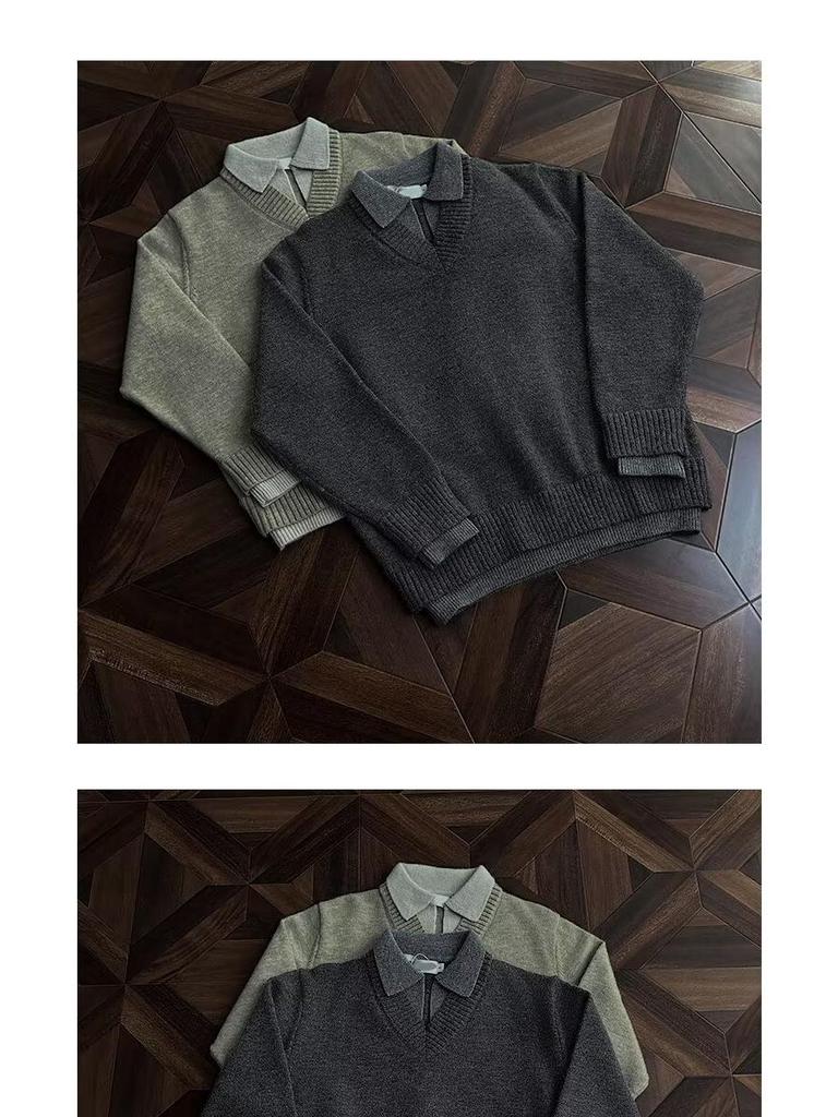 Herren V-Ausschnitt Retro-Stil Strickoberteil - Fake Zweiteiler, Winter Kragen, Lockerer Schnitt