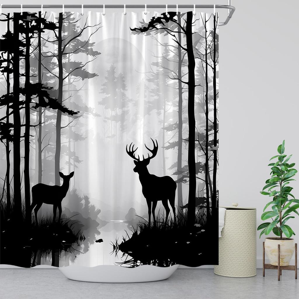 Deer Shower Curtain Foggy Forest Wildlife Hunting Moon Mountain Rustic Lodge Country Farmhouse Pine Tree Outdoor Gray Bathroom Decor Fabric Curtains