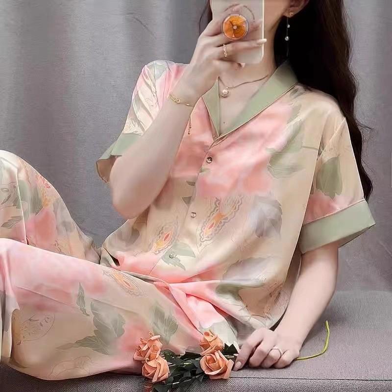 

Женская шелковая пижама с цветочным принтом - С длинным рукавом, тонкая и стильная корейская домашняя одежда для весны/осени XXL