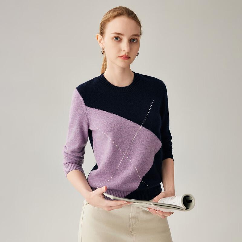 Zhaojun Women's 100% Cashmere Round Neck Color Block Knit Sweater