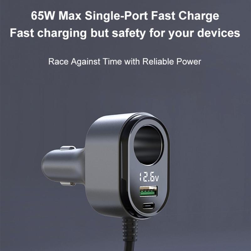 120W Intelligent Car Charger PD65w Fast Charging Adapter with Voltages Display USB A USB C Port Safety Protections