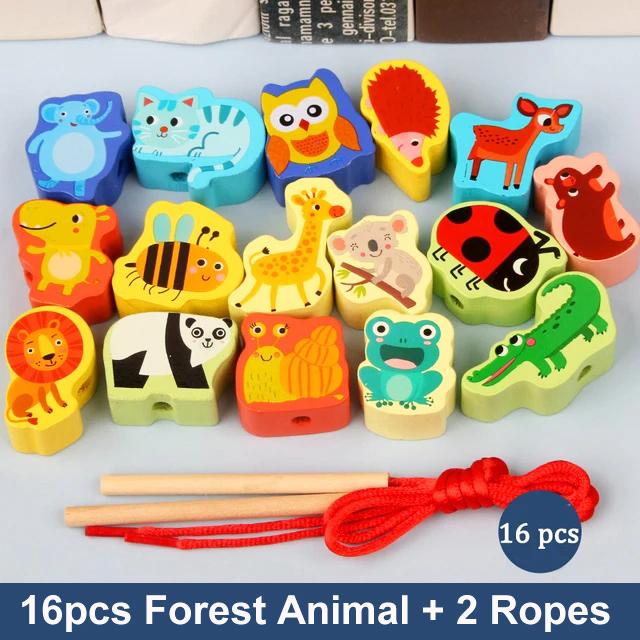 9-36Pcs Baby Wooden Toys Cartoon Fruit Animal Stringing Threading Wooden Beads Toy Monterssori Educational Toys For Kids