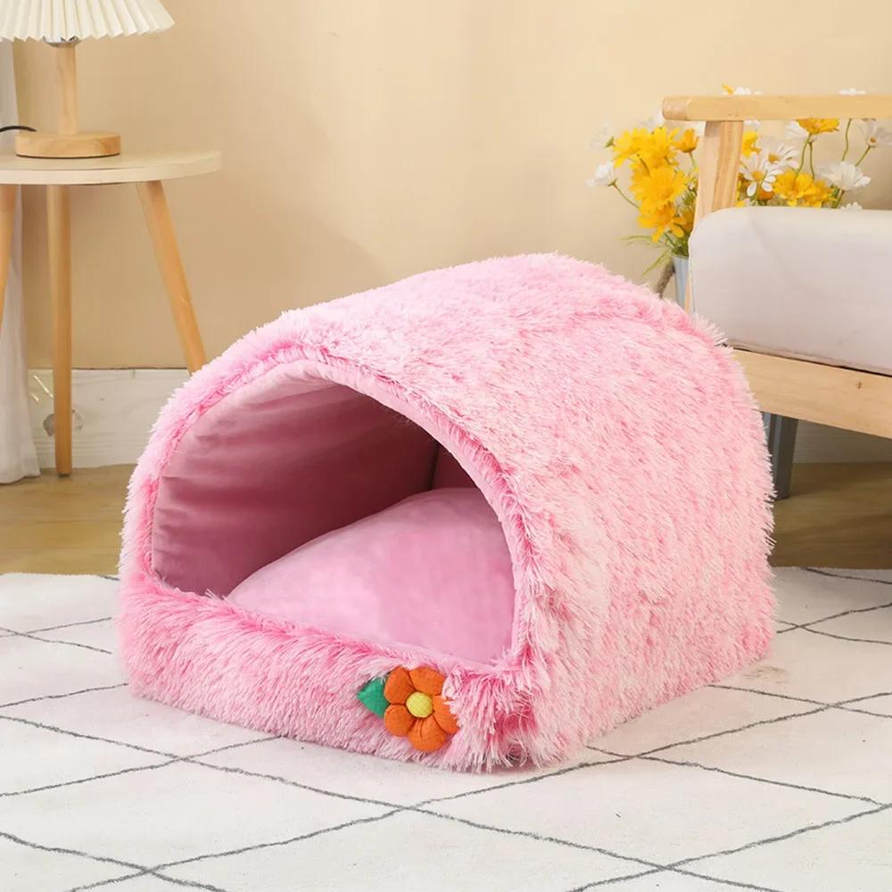 

Winter Long Plush Cat Bed Pet House for Cats Warm Small Dogs Deep Sleeping Beds Cozy Puppy Kitten Beds Cat Basket Pet Supplies 40X40CM розовый