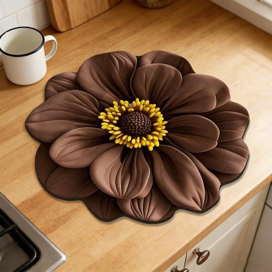 Dish Drying Mat Realistic Flower Designs Diatomaceous Earth Quick Drying Mat Absorbent Heat Insulating Mat for Kitchen Counter Dining Table