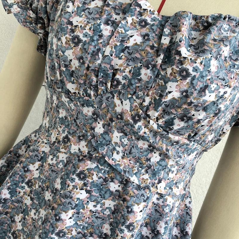 Aboe Knee Short Puff Sleeve Women Spring Summer Dress A-Line Slash Neck  High Waist Slim Cascading Ruffle Floral Print S-XL