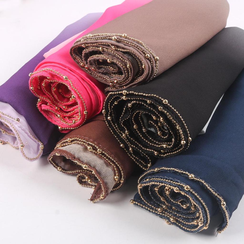 Gradient Pearl Chiffon Beaded Chain Long Scarf - Hui Muslim Malay Middle Eastern Headscarf