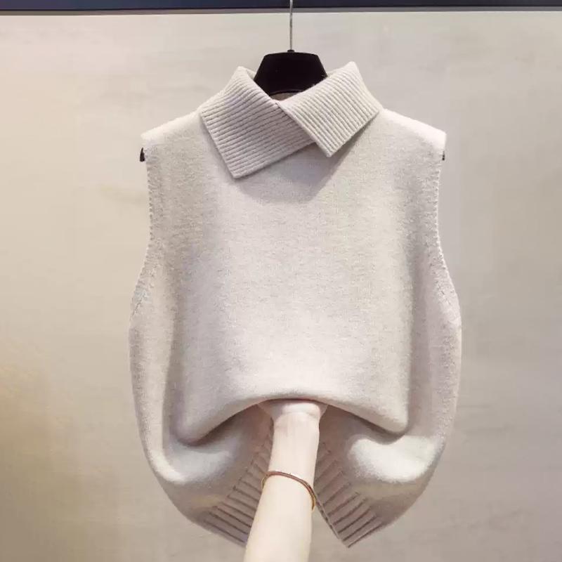 Otoño Invierno Coreano Color Sólido Solapa Sin Mangas Versátil Casual Chaleco Tejido Para Mujer