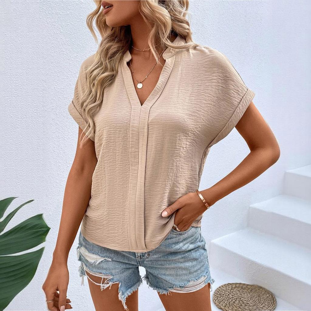 Women’s Short Sleeve Blouse Casual Loose Fit V Neck Top Lightweight Soft Fabric Summer Basic Shirt for Daily Wear