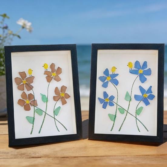 Yousheng Sea Glass Flower Birds Wall Art Handmade Sea Glass Decorative Photo Frame Gift for Mom Grandma Wife Girlfriend Friends