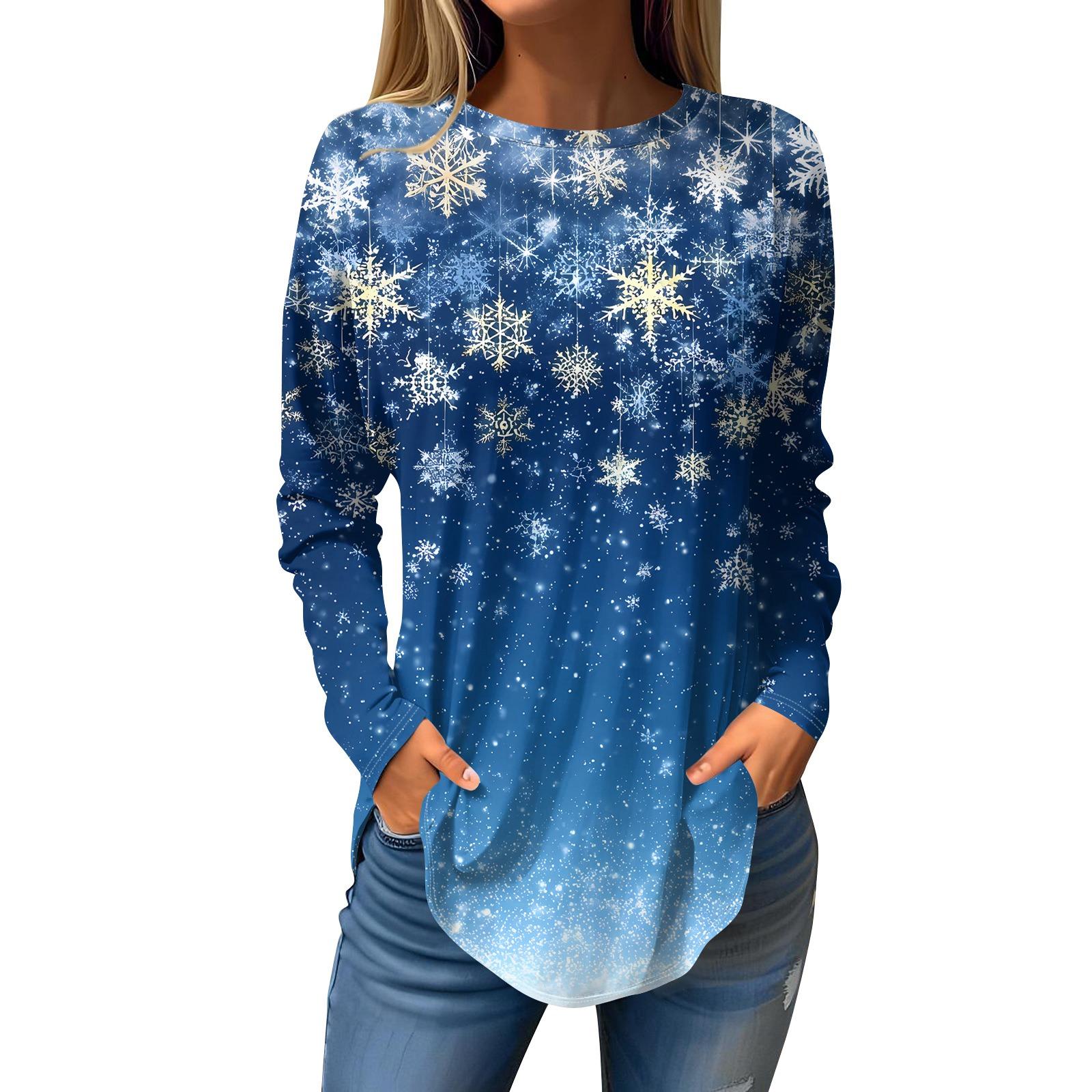 

Women s Loose Round Neck Christmas Print Long Sleeve T-Shirt Top Pullover L