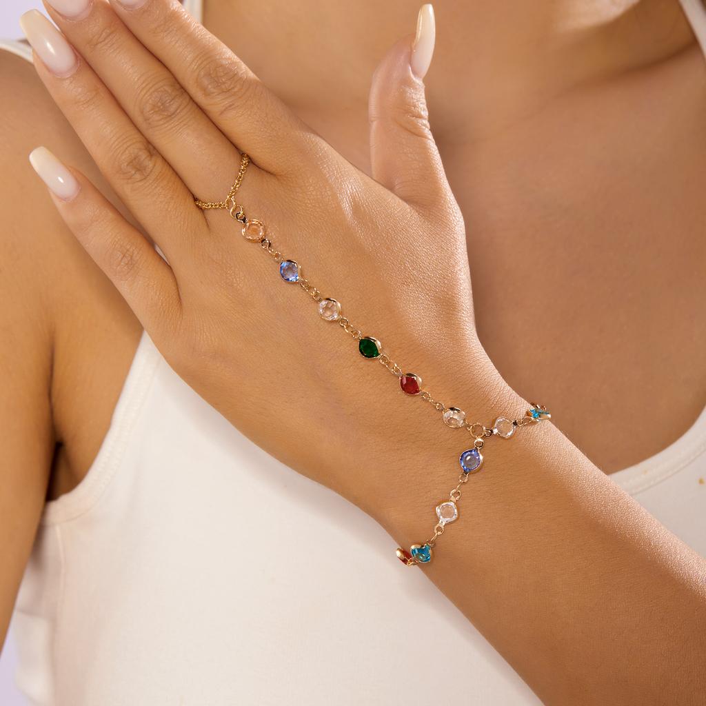 Fijn Liefde Hart Shinestone Vingerarmband voor Dames Meisjes Mode Kleurrijk Eenvoudig Zirkon Handketting Feest Sieraden Cadeaus