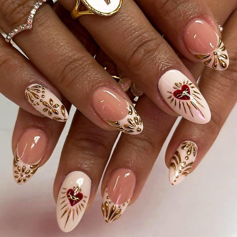 24PCS Luxury Golden Patterns French False Nails Red Heart Flower Chinese Style Acrylic Press on Nails Sweet Almond Ins Fake Nail